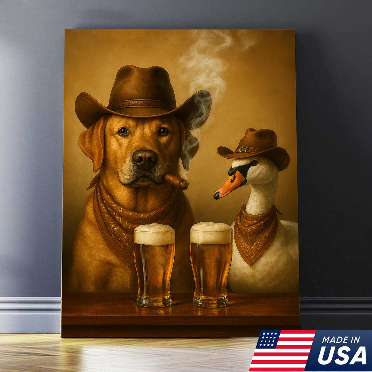 Funny Cowboy Dog & Geese Wall Art Canvas – Funny Beer & Smoking Canvas for Hunters