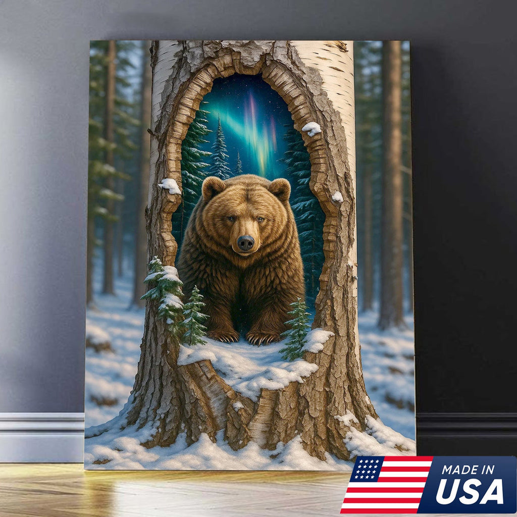 Aurora Borealis Bear in Hollow Tree Canvas Wall Art, Winter Forest Cabin Decor