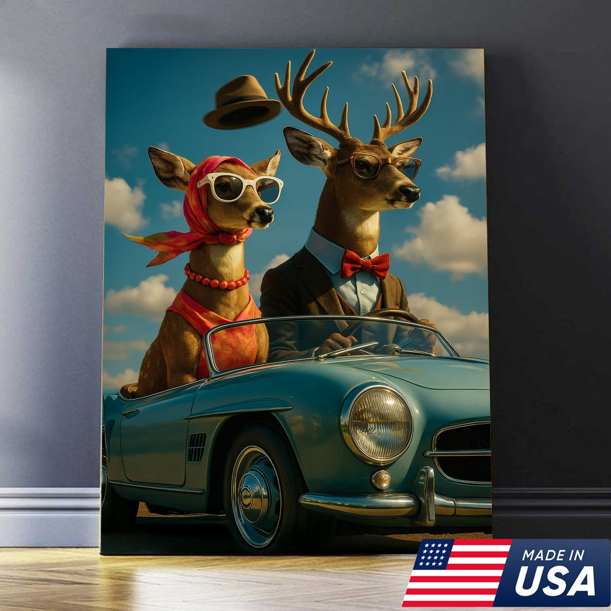 Retro Deer Couple Driving Canvas – Funny Buck & Doe in Convertible, Vintage Wall Art