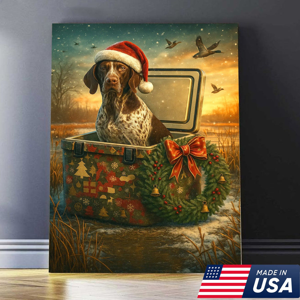 Funny Hunting Dog Christmas Canvas Art, Holiday Retriever Wall Decor for Hunters