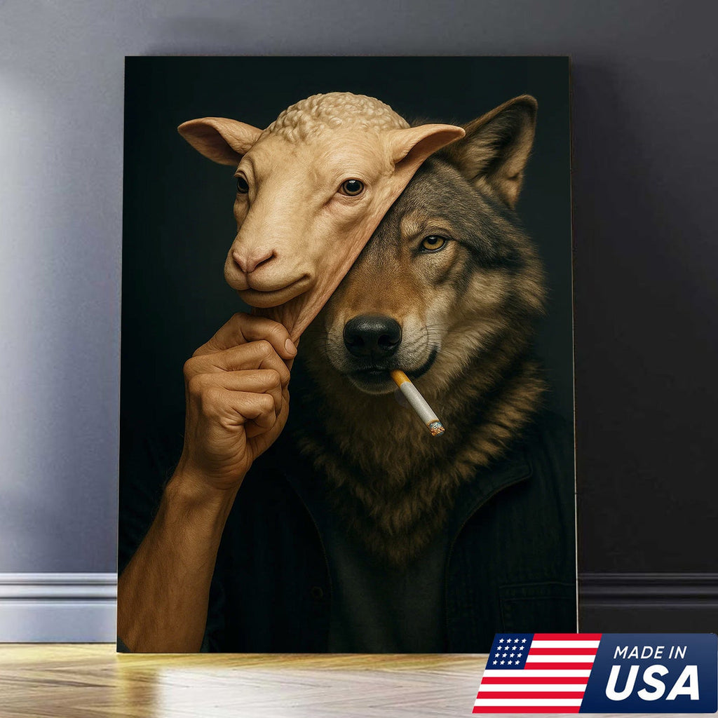 Dark Humor Wolf Wall Art — “Wolf in Sheep’s Clothing” Smoking Cigarette Concept Canvas