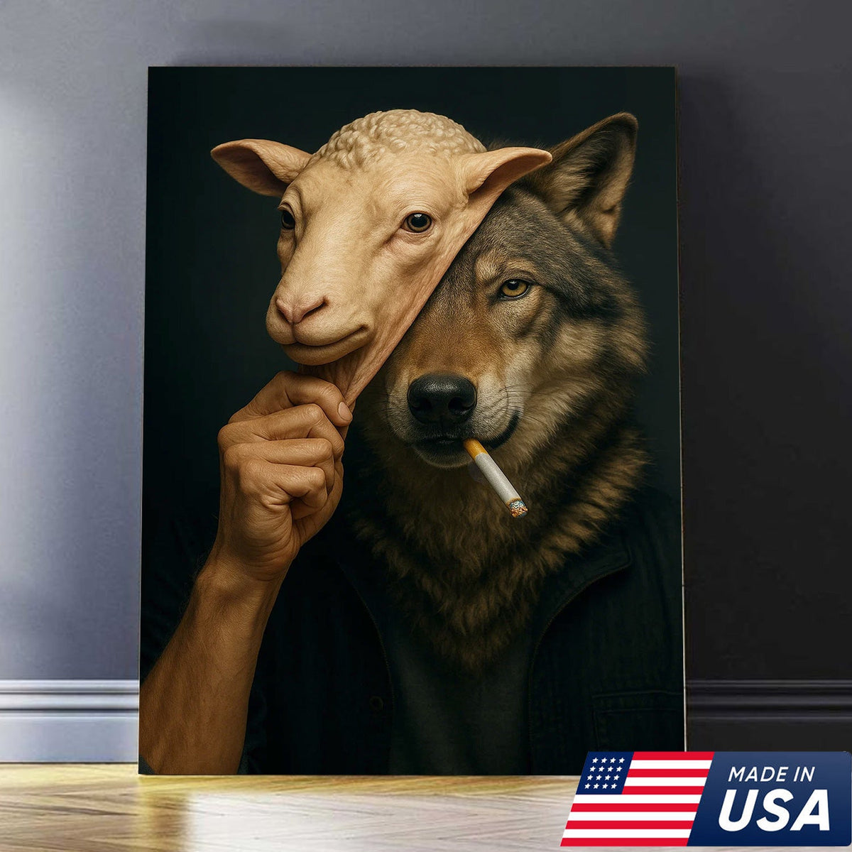 Dark Humor Wolf Wall Art — “Wolf in Sheep’s Clothing” Smoking Cigarette Concept Canvas