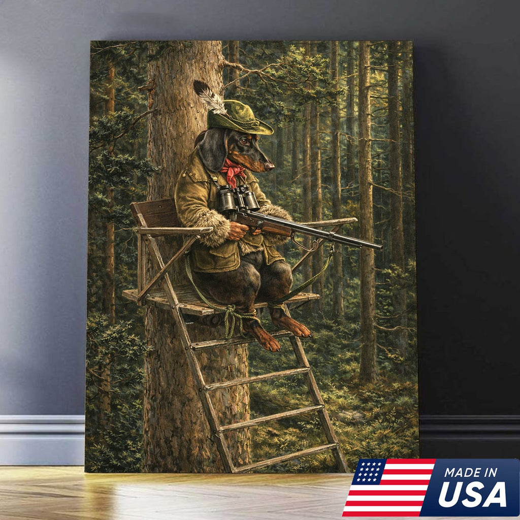Funny Hunting Dog Wall Art, Dachshund Hunter Tree Stand Canvas