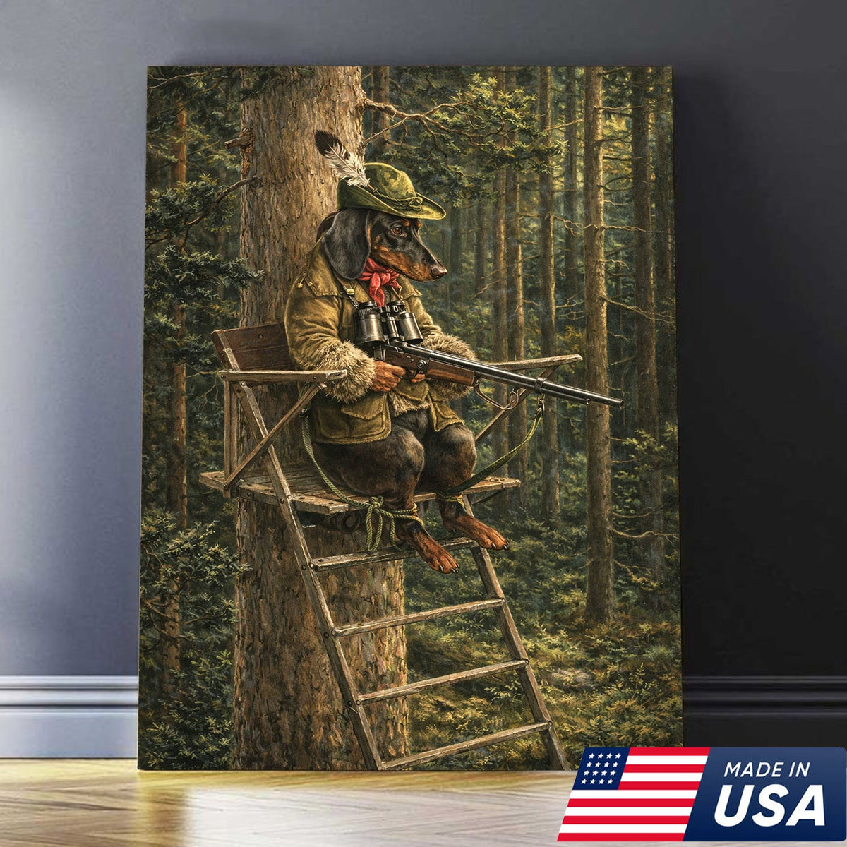Funny Hunting Dog Wall Art, Dachshund Hunter Tree Stand Canvas