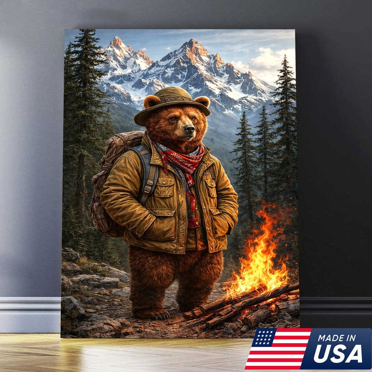 Mountain Explorer Bear Canvas Wall Art – Realistic Wildlife Hiking Print