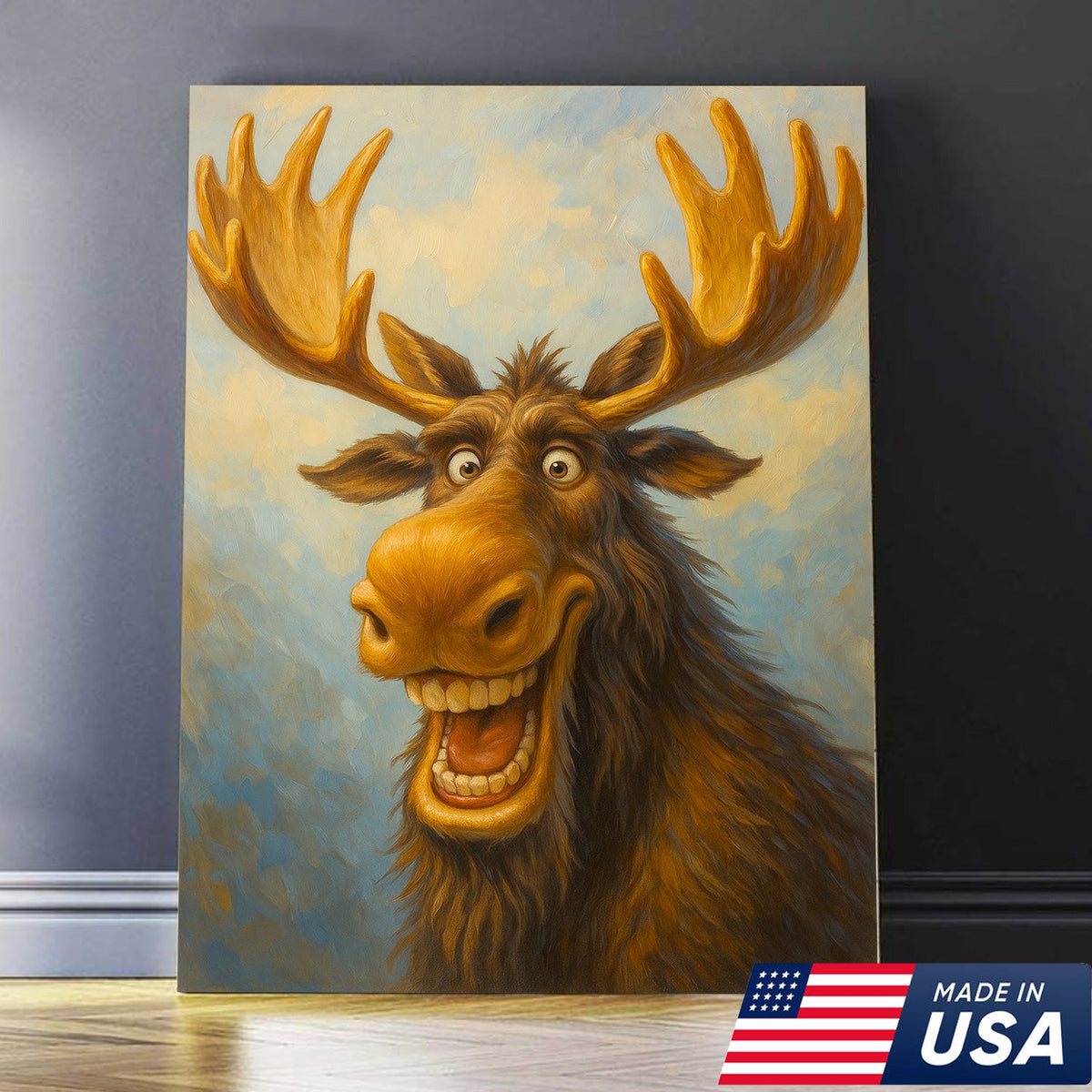 Funny Moose Wall Art – Cartoon Moose Decor, Rustic Cabin Gift, Lodge Bar Humor Canvas Print