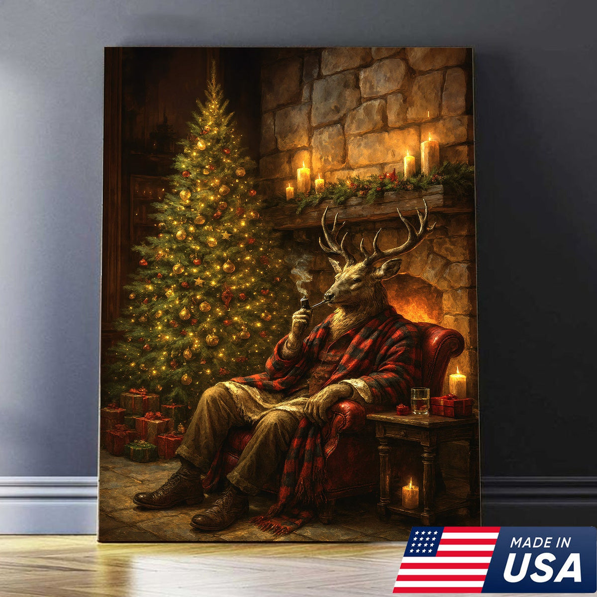 Christmas Deer Smoking Pipe Canvas - Cozy Cabin Wall Decor, Rustic Holiday Artwork