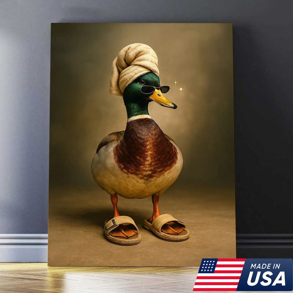 Spa Day Duck Canvas Wall Art, Funny Mallard in Towel and Sandals Bathroom Decor