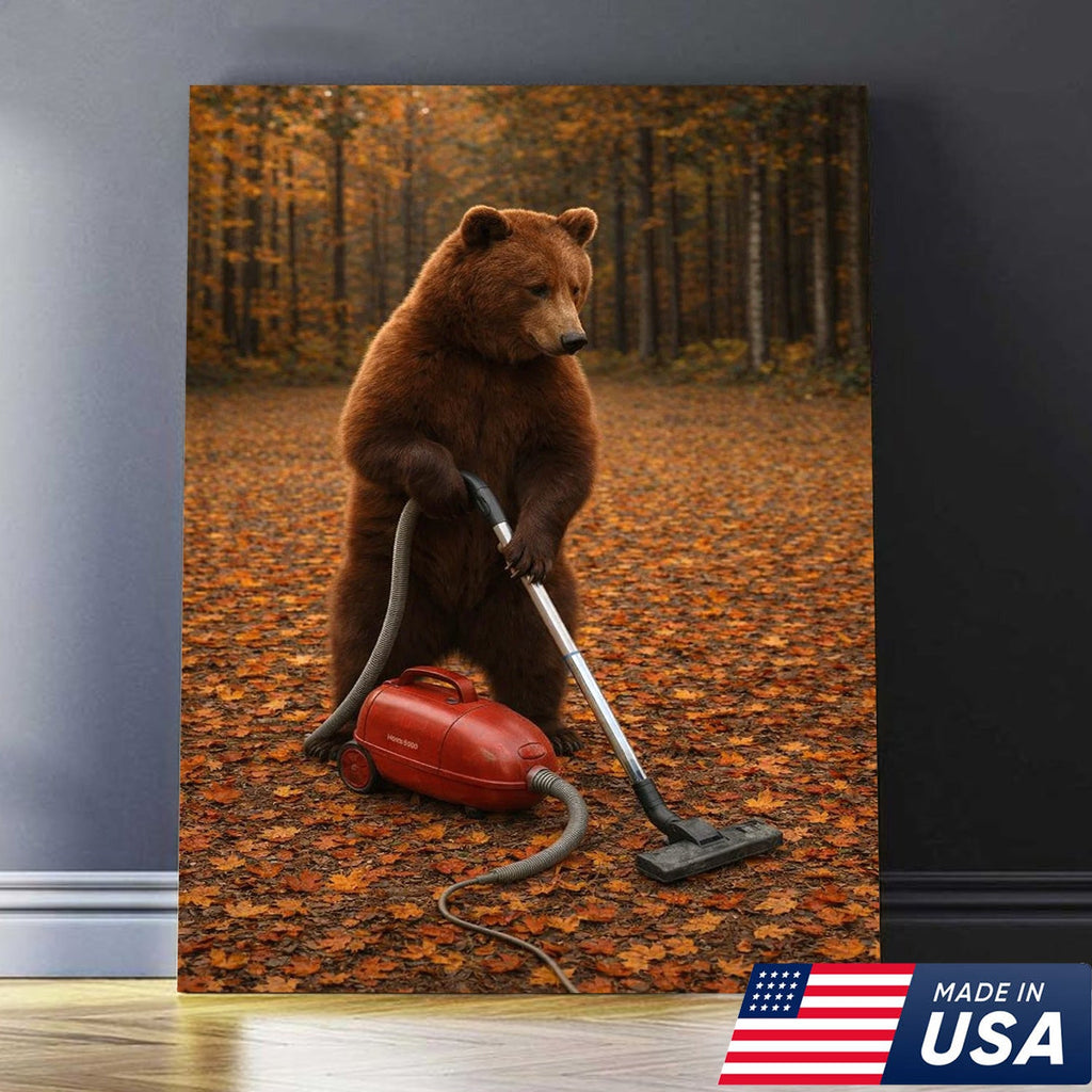 Funny Bear Vacuuming Leaves Canvas Wall Art, Whimsical Autumn Animal Humor Print