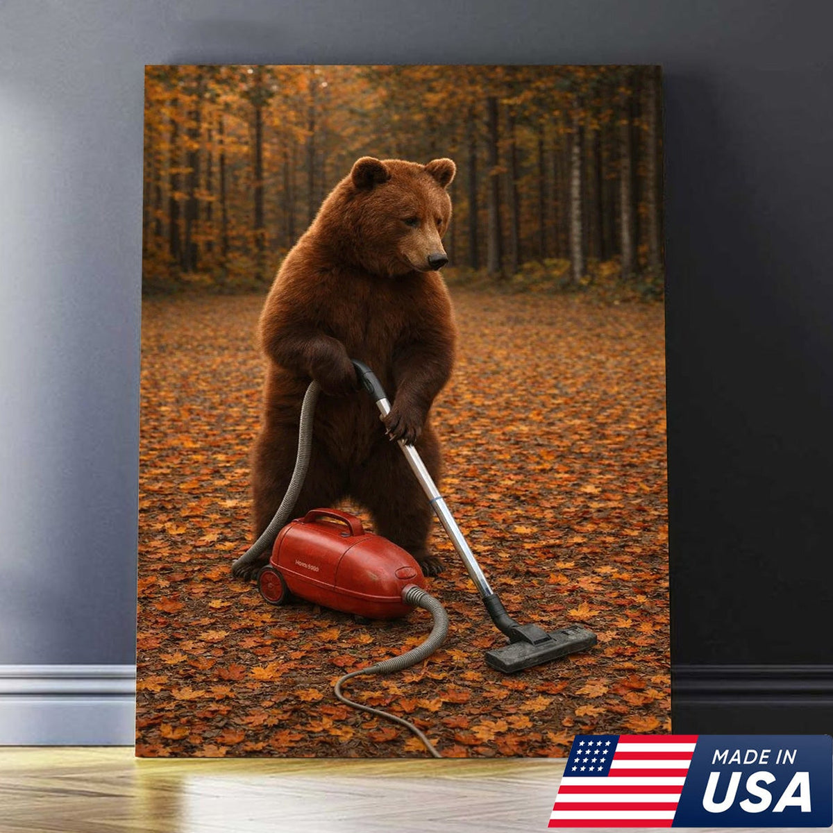 Funny Bear Vacuuming Leaves Canvas Wall Art, Whimsical Autumn Animal Humor Print