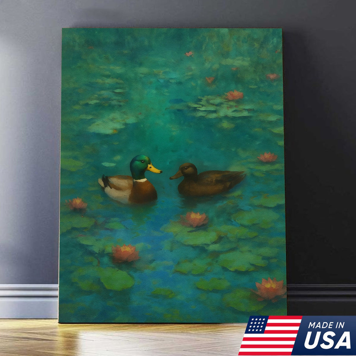 Romantic Mallard Duck Canvas Wall Art – Tranquil Pond & Water Lily Canvas