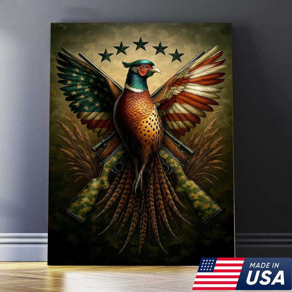 American Flag Pheasant Canvas Wall Art, Patriotic Hunting Decor for Men, Rustic Cabin Artwork