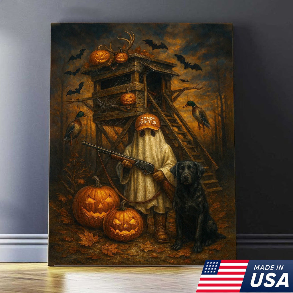 Halloween Canvas Wall Art – Ghost Hunter and Black Lab, Pumpkins, Bats and Ducks