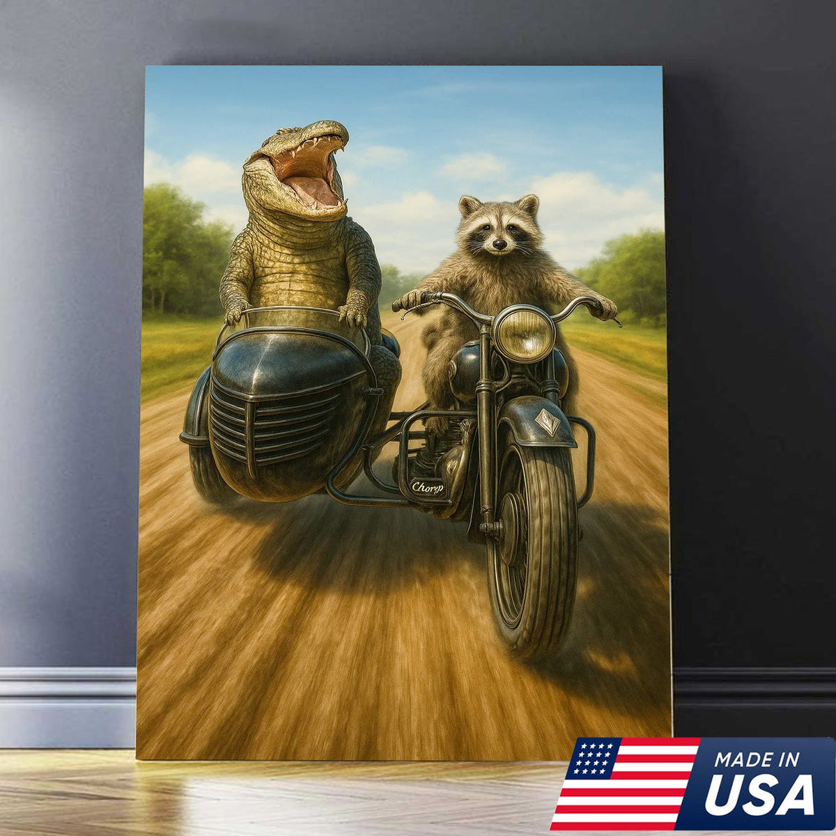 Raccoon Riding Motorcycle with Alligator Sidecar Canvas Wall Art, Funny Wildlife Road Trip Decor for Man Cave