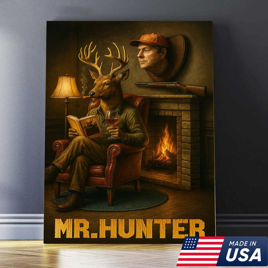 Funny Deer Hunter Wall Art, Rustic Cabin Decor for Hunters, Mr. Hunter Canvas Print