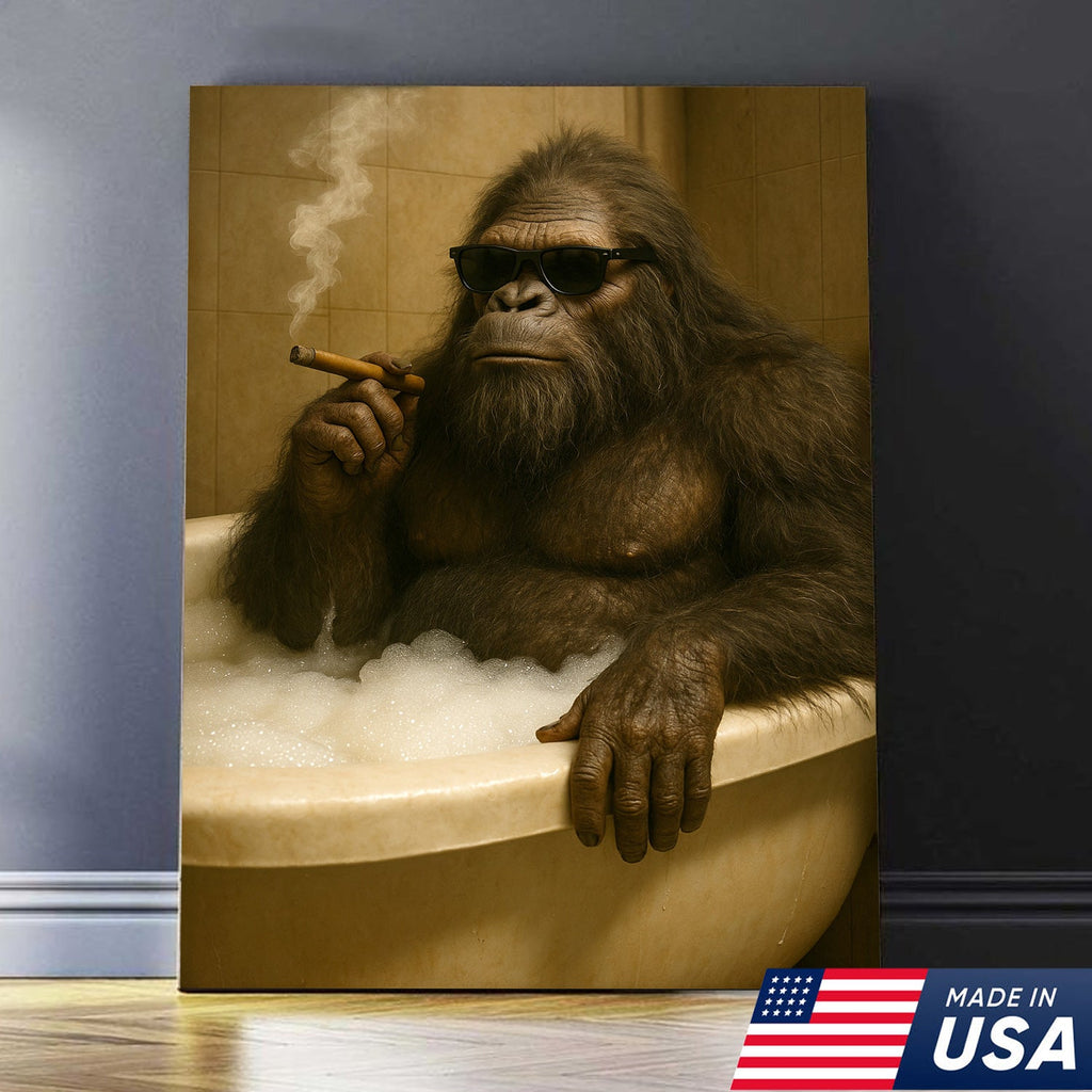 Funny Bigfoot Smoking Canvas Wall Art – Cool Bathtub Scene Gift for Hunters & Outdoorsmen