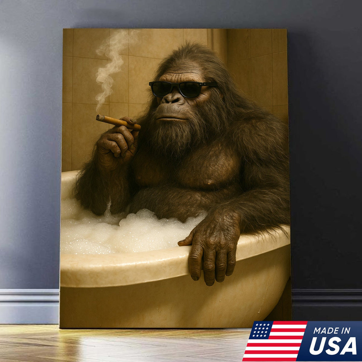 Funny Bigfoot Smoking Canvas Wall Art – Cool Bathtub Scene Gift for Hunters & Outdoorsmen