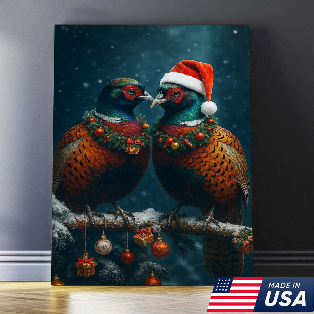 Christmas Pheasant Wall Art Canvas - Holiday Bird Couple Print, Rustic Wildlife Decor