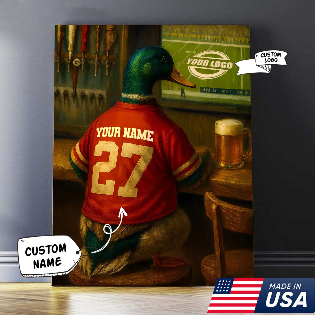 Custom Mallart Duck Football Canvas Wall Art – Personalized Duck Watching Sports Drinking Funny Sports Bar Decor