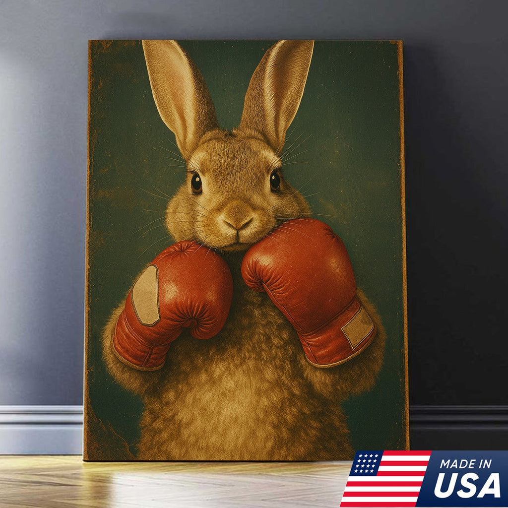 Funny Bunny Boxer Canvas – Sports Animal Wall Art for Gym, Boxing Lovers, Rustic Man Cave Decor