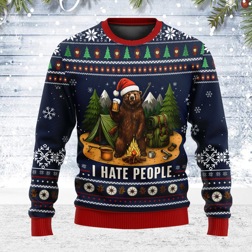 Funny Camping Bear I Hate People Ugly Christmas Sweater, Grumpy Bear Holiday Sweater