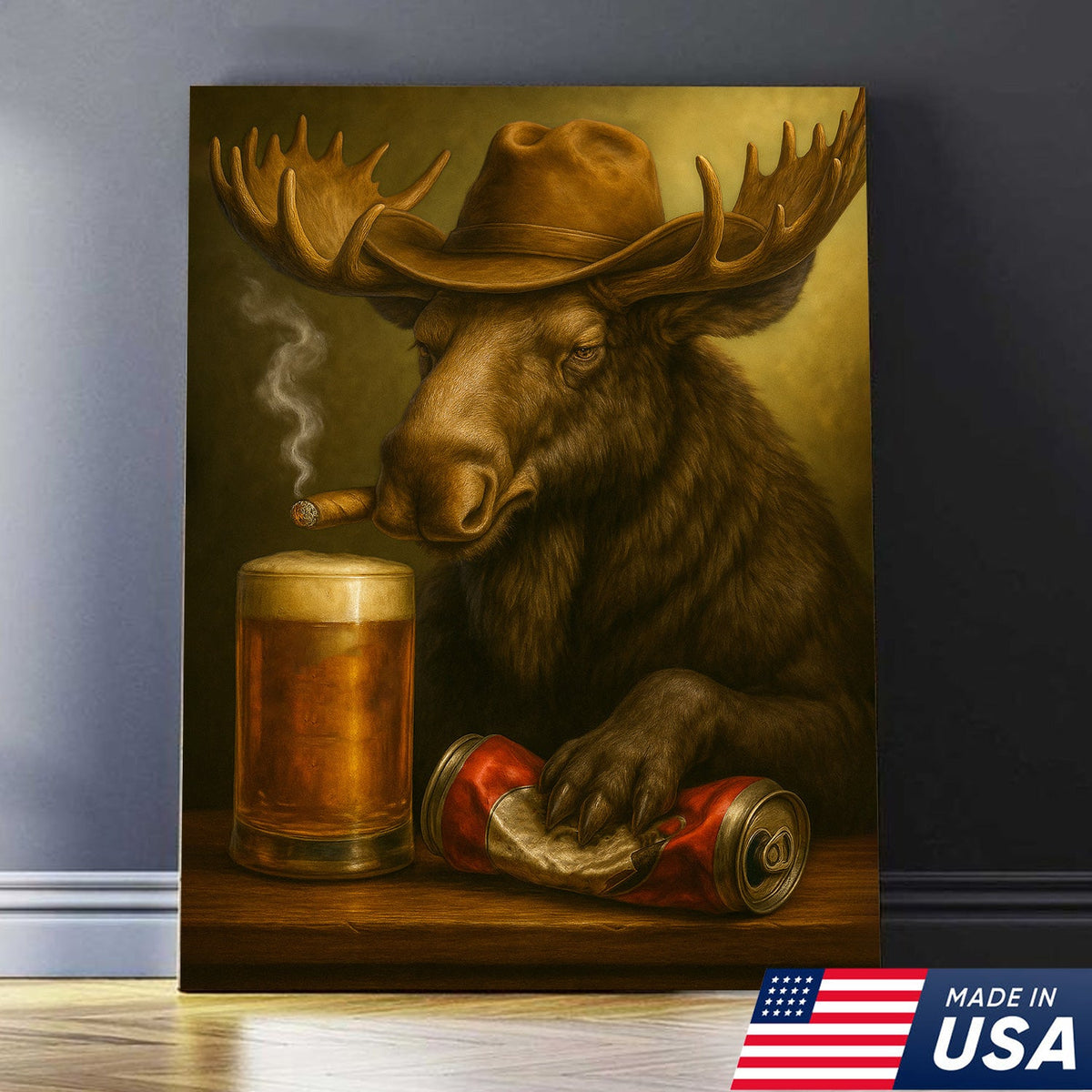 Rustic Cowboy Moose Beer Canvas – Funny Bar Wall Art Gift for Hunters, Cabin Decor & Man Caves
