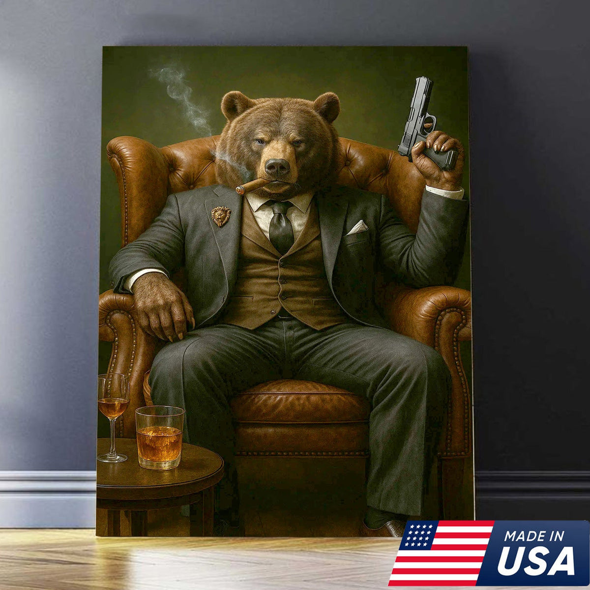 Boss Bear in Tailored Suit Canvas Wall Art, Powerful Gentleman Animal Portrait