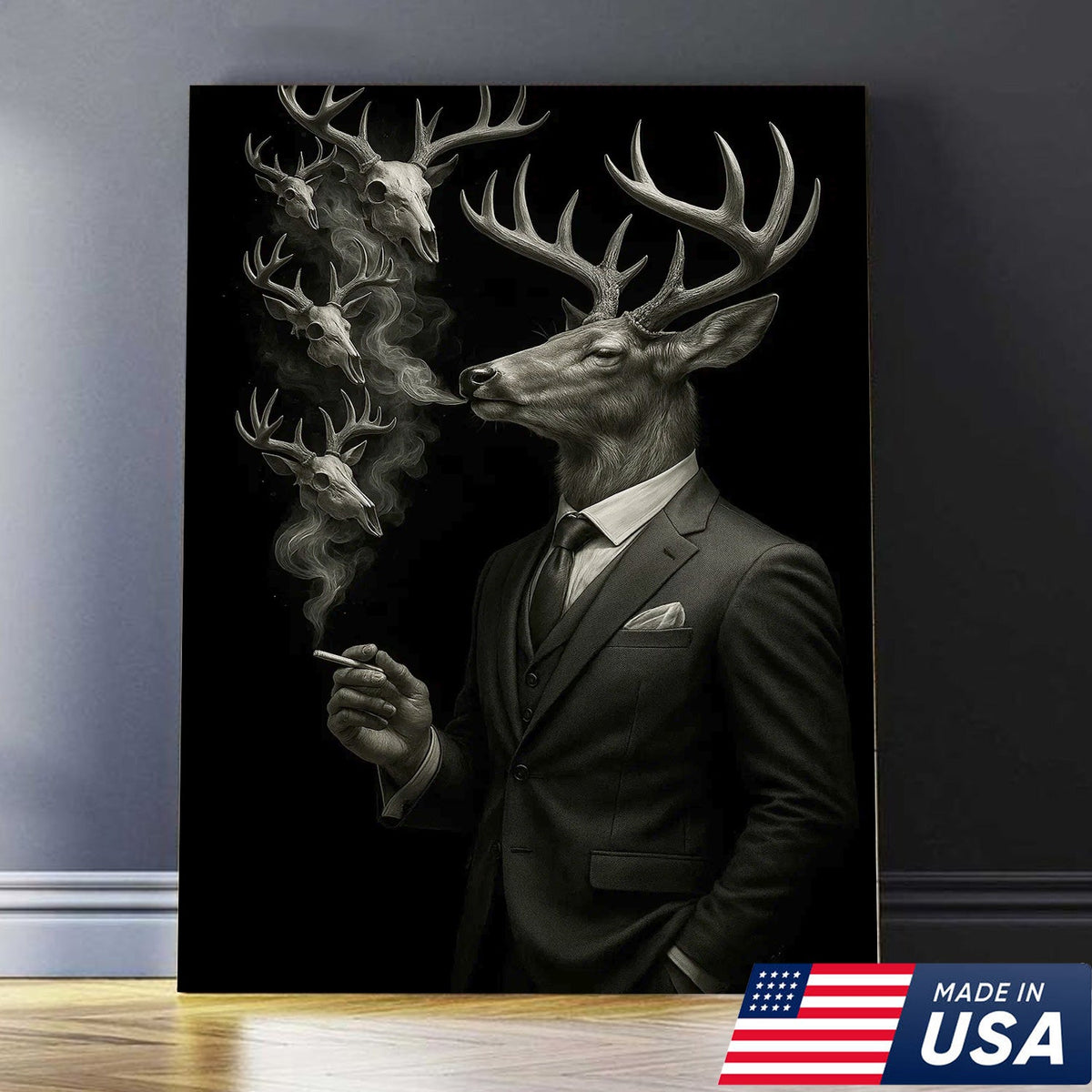 Gentleman Deer Canvas Wall Art, Elegant Buck in Suit Artwork, Rustic Cabin Decor for Hunters