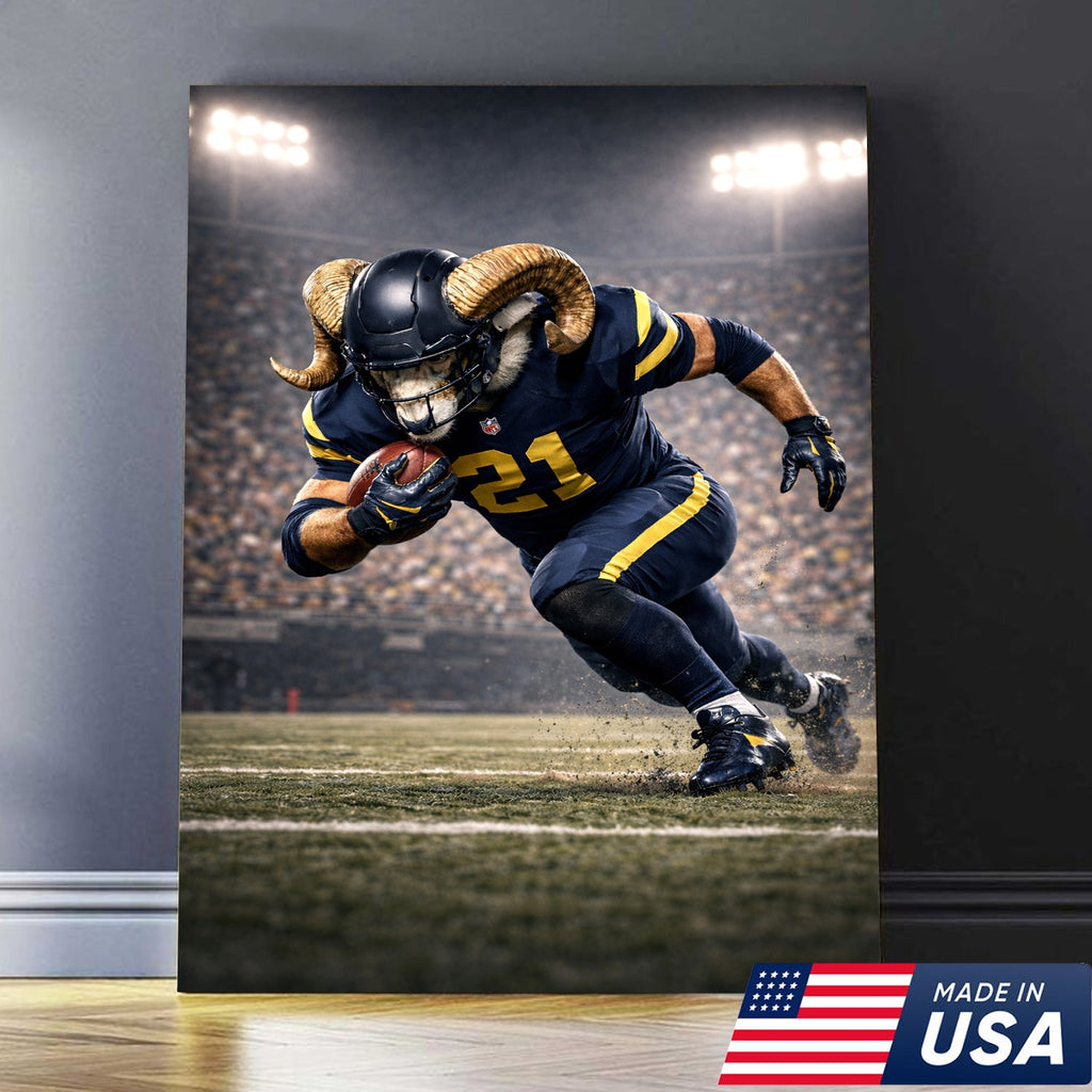 Mighty Ram Football Canvas Wall Art – Horned Athlete Stadium Action Print