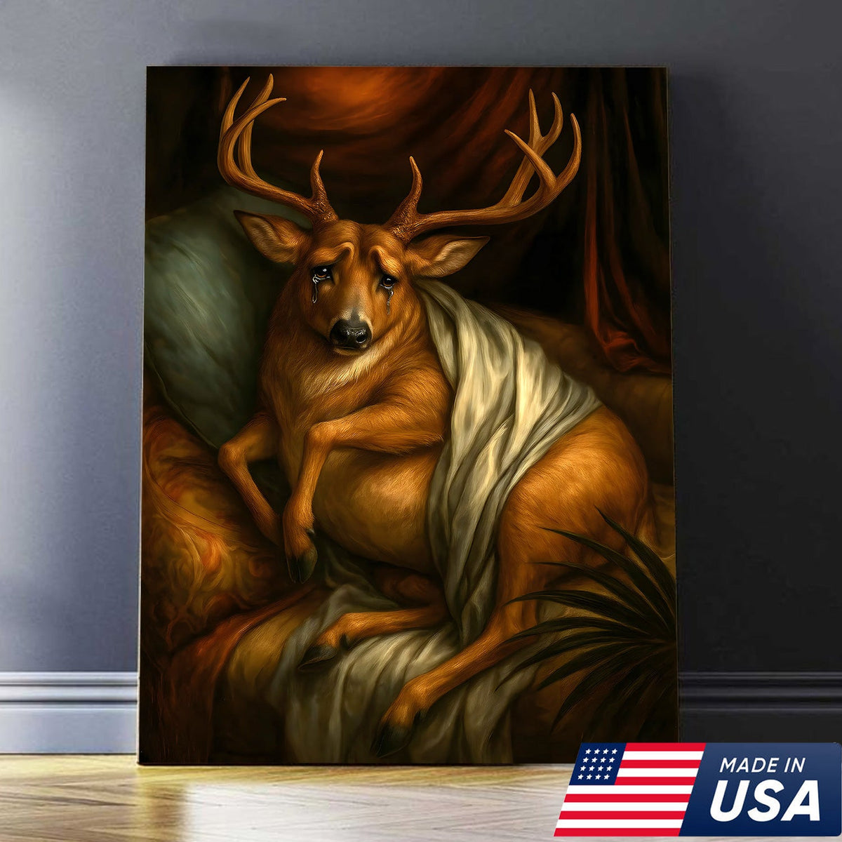 Funny Deer Portrait Canvas Wall Art, Renaissance Buck Painting with Draped Cloth