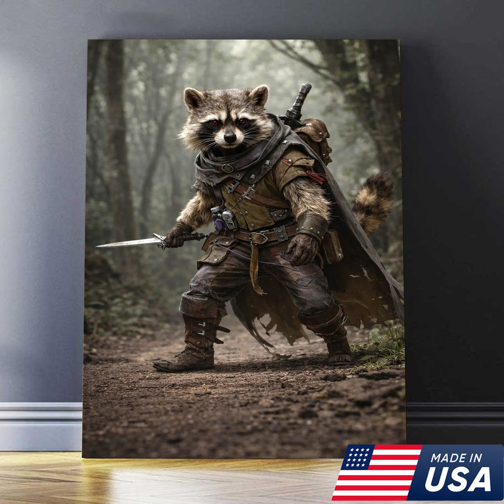 Epic Raccoon Warrior Wall Art Canvas Print, Fantasy Adventurer Animal Illustration