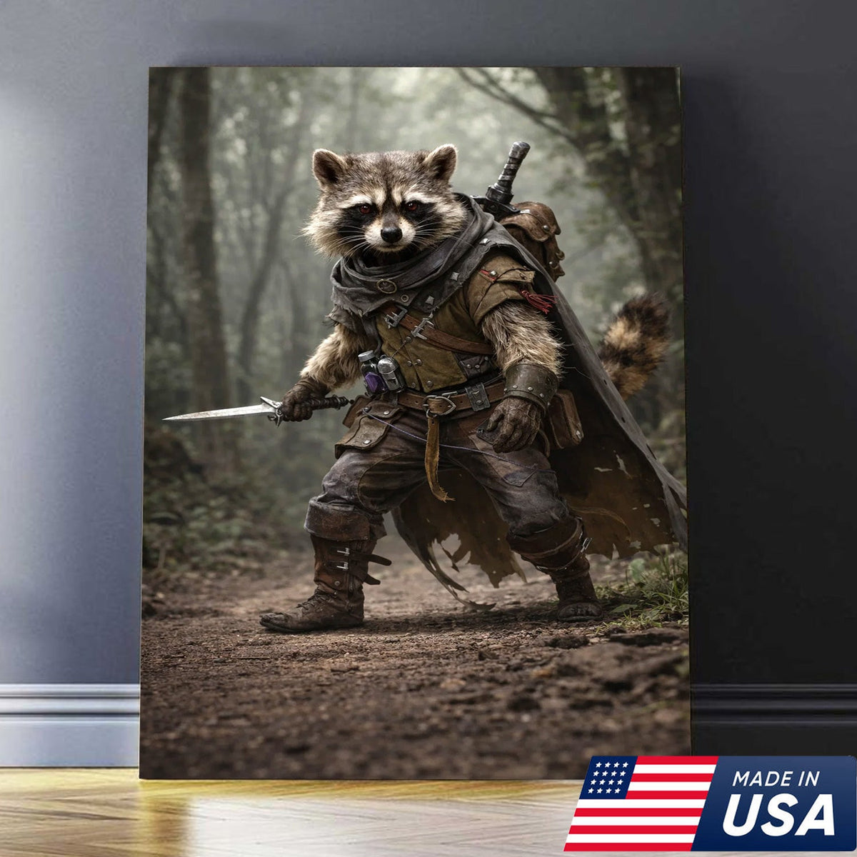 Epic Raccoon Warrior Wall Art Canvas Print, Fantasy Adventurer Animal Illustration