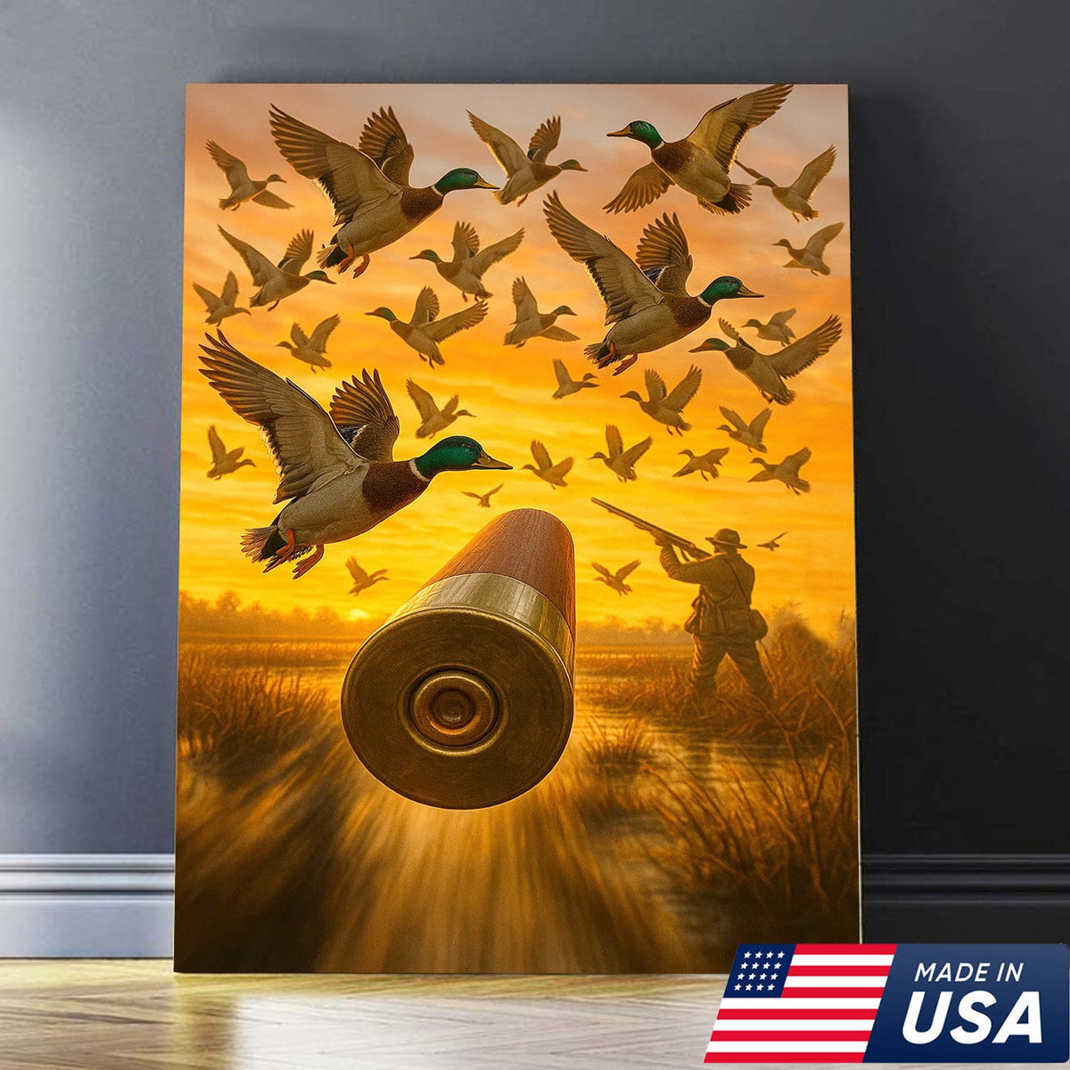 Duck Hunting Canvas Wall Art, Shotgun Shell and Flying Mallards Artwork, Rustic Cabin Decor for Hunters
