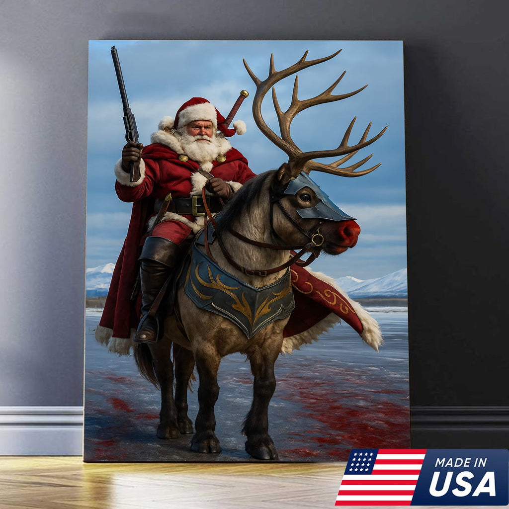 Epic Santa Riding Reindeer Canvas Wall Art, Fantasy Warrior Santa on Armored Reindeer