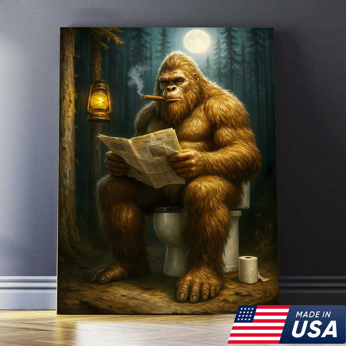 Funny Bigfoot Bathroom Canvas Wall Art, Sasquatch Reading Newspaper Picture