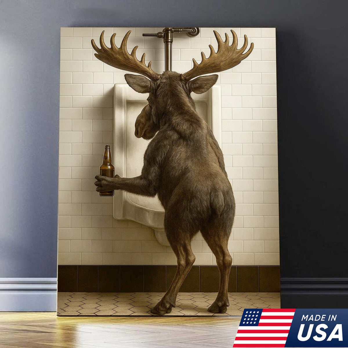 Moose Bathroom Canvas Wall Art - Funny Rustic Lodge Decor for Cabin and Hunting Enthusiasts