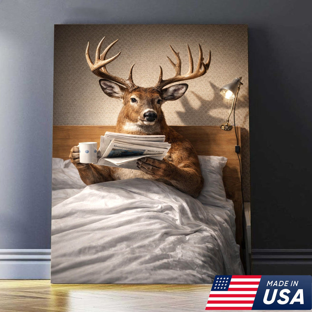Funny Deer Canvas Wall Art Morning Coffee Newspaper Animal Humor Decor
