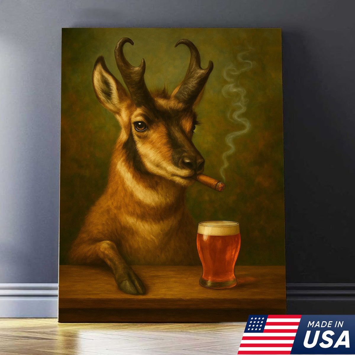 Funny Pronghorn Antelope Smoking & Beer Canvas Wall Art - Hunting Perfect Gift for Hunters & Cocktail Glasses Lovers