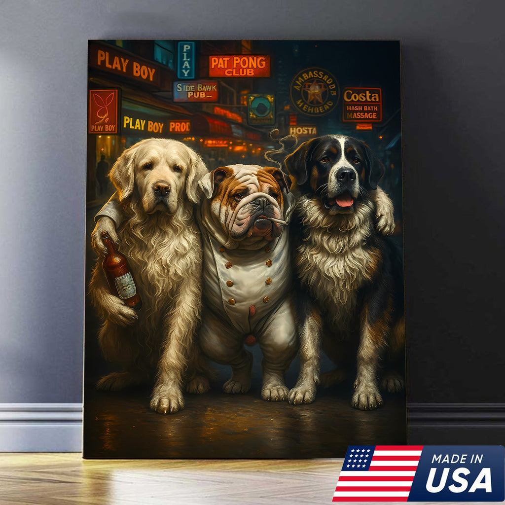 Three Drunk Dogs Canvas – Funny Bar Dog Wall Art for Men’s Room or Home Bar
