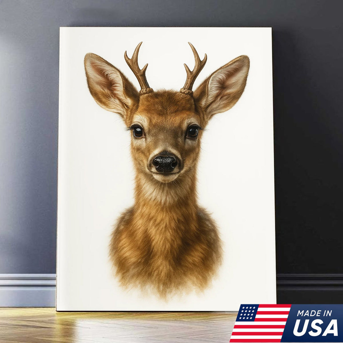 Minimalist Deer Canvas Wall Art, Realistic Baby Buck Portrait, Modern Wildlife Animal Print