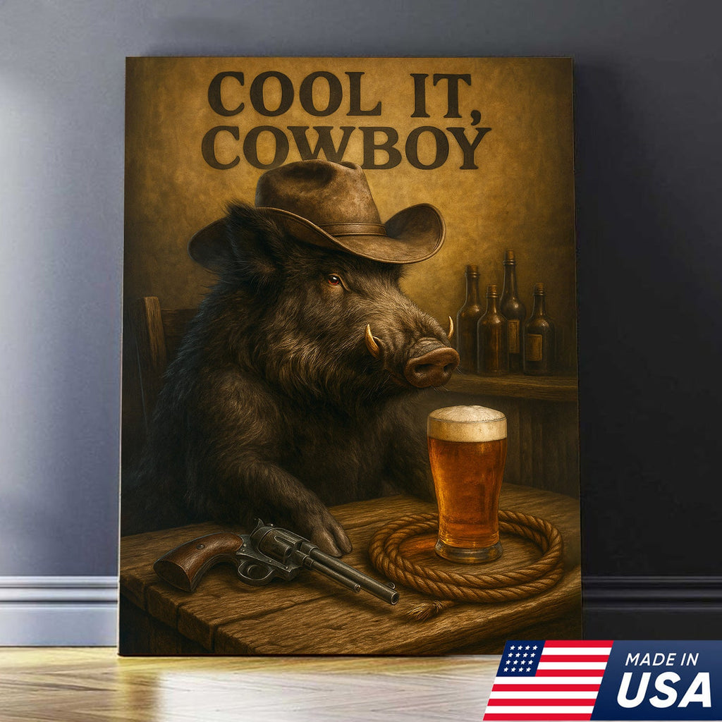Funny Wild Boar Cowboy Canvas – Rustic Wildlife Bar Wall Art Gift for Hunters, Lodge and Cabin