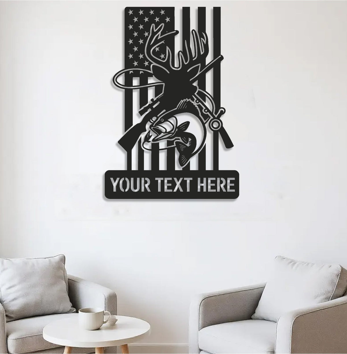 Personalized Deer and Fish American Flag Metal Sign WITH LED/WITHOUT LED, Hunting and Fishing Wall Art