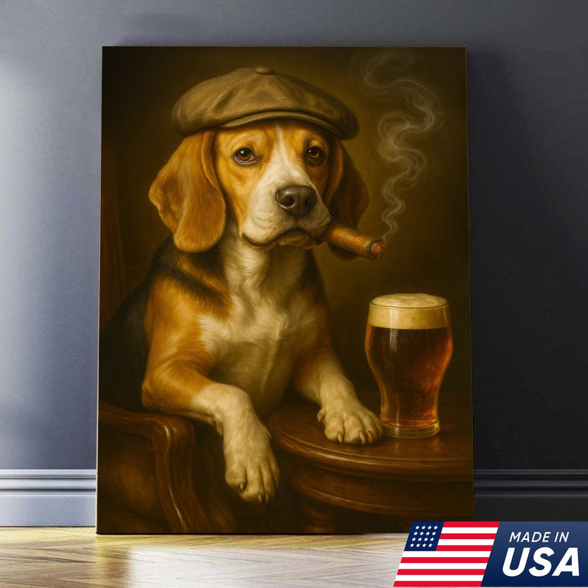 Beagle Dog Cigar Wall Art Canvas – Funny Beer Lover Wall Art for Rustic Bar & Man Cave