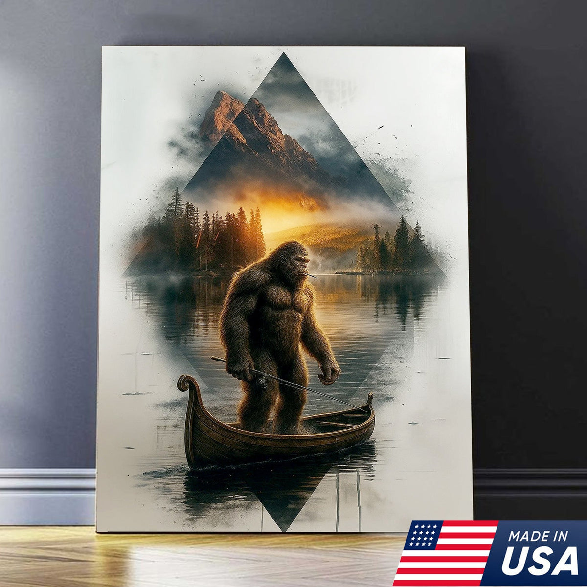 Bigfoot Fishing On Wooden Boat Adventure Canvas Wall Art – Mysterious Forest Lake Decor
