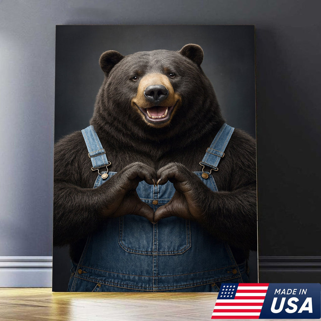 Cute Bear Heart Hands Wall Art Canvas – Whimsical Animal Print for Cabin