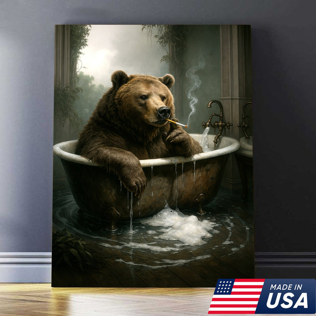 Smoking Bear in Bathtub Canvas – Surreal Rustic Wall Art for Man Cave & Lodge Decor