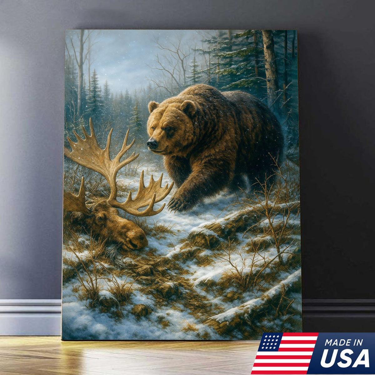Grizzly Bear and Moose Wilderness Wall Art – Rustic Hunting Canvas for Cabin & Lodge Decor