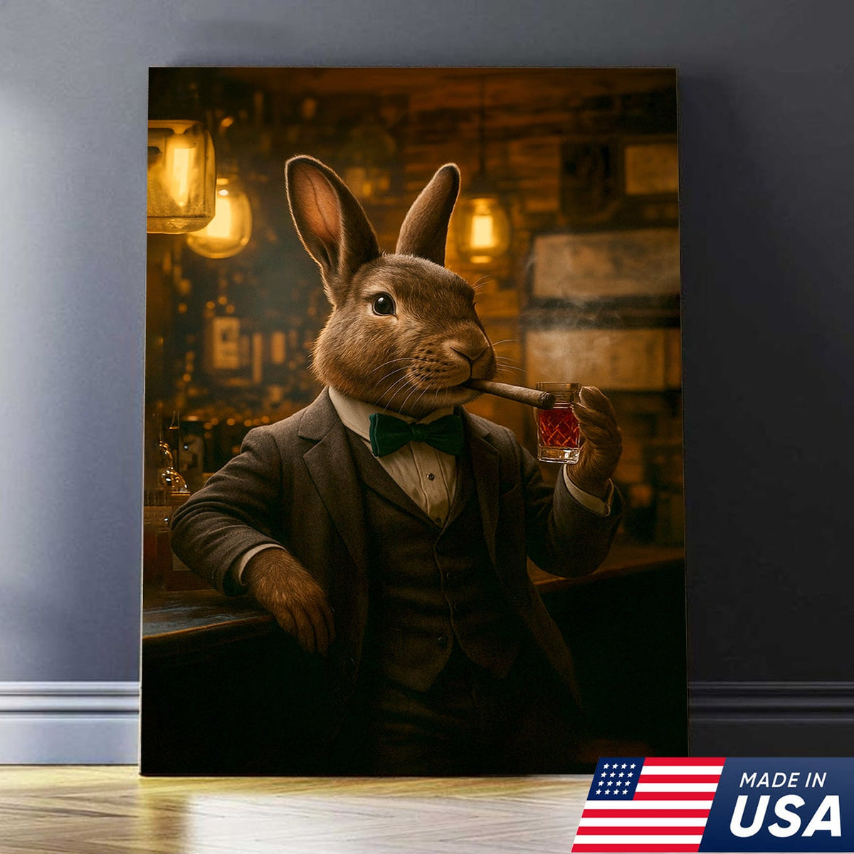 Rabbit Gentleman Wall Art – Classy Drinking & Smoking Canvas for Bar, Lodge & Man Cave Decor