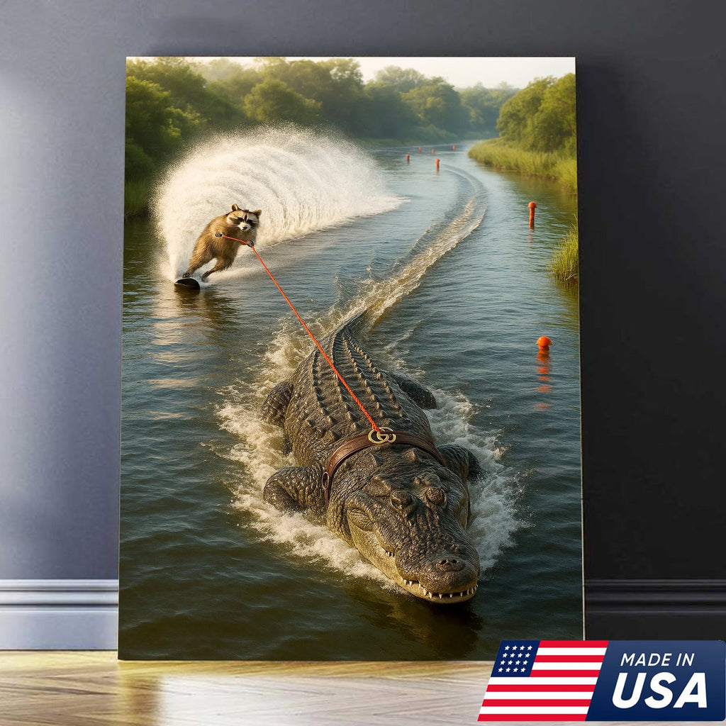Racoon Water Skiing with Alligator Canvas Wall Art, Funny Animal Adventure Decor