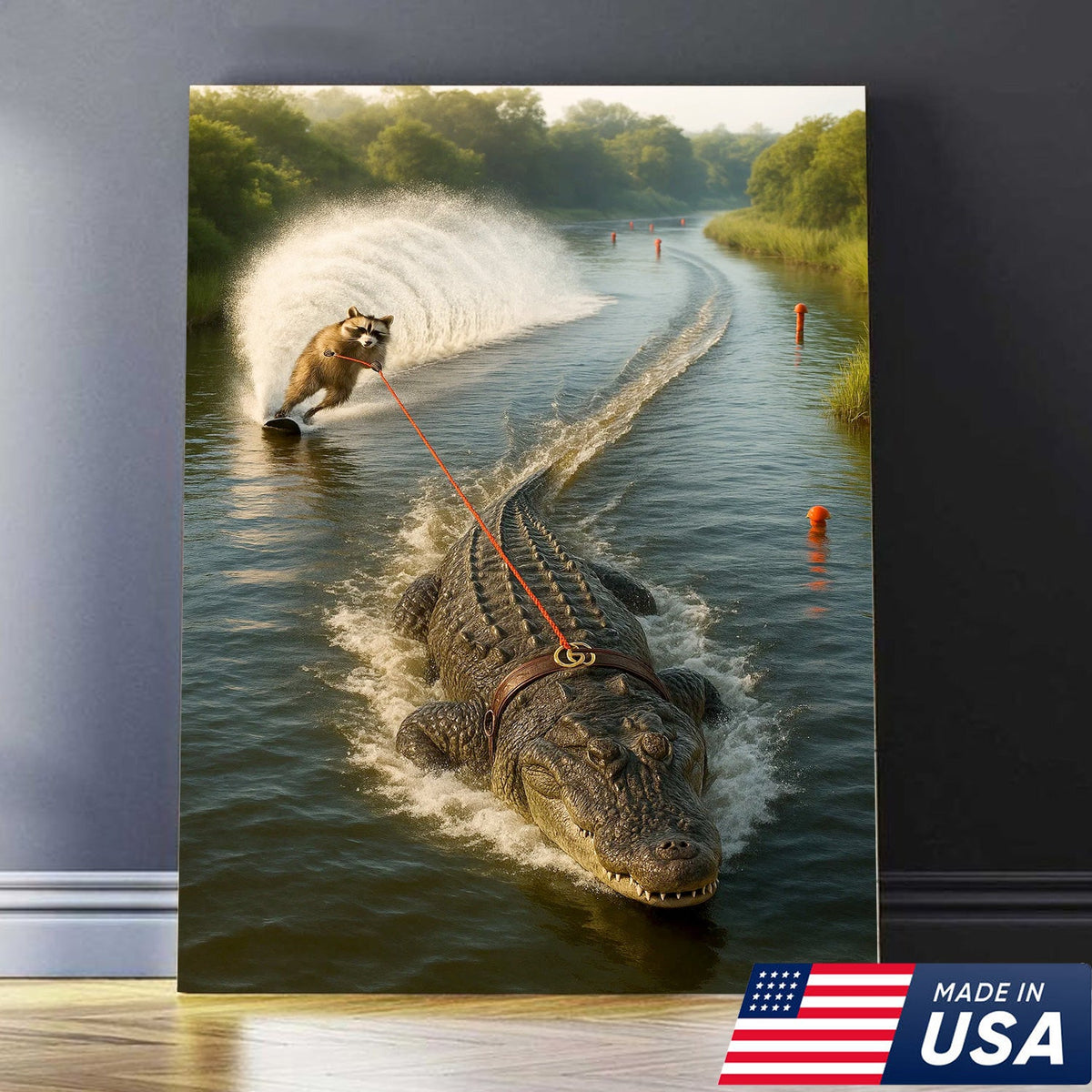 Racoon Water Skiing with Alligator Canvas Wall Art, Funny Animal Adventure Decor